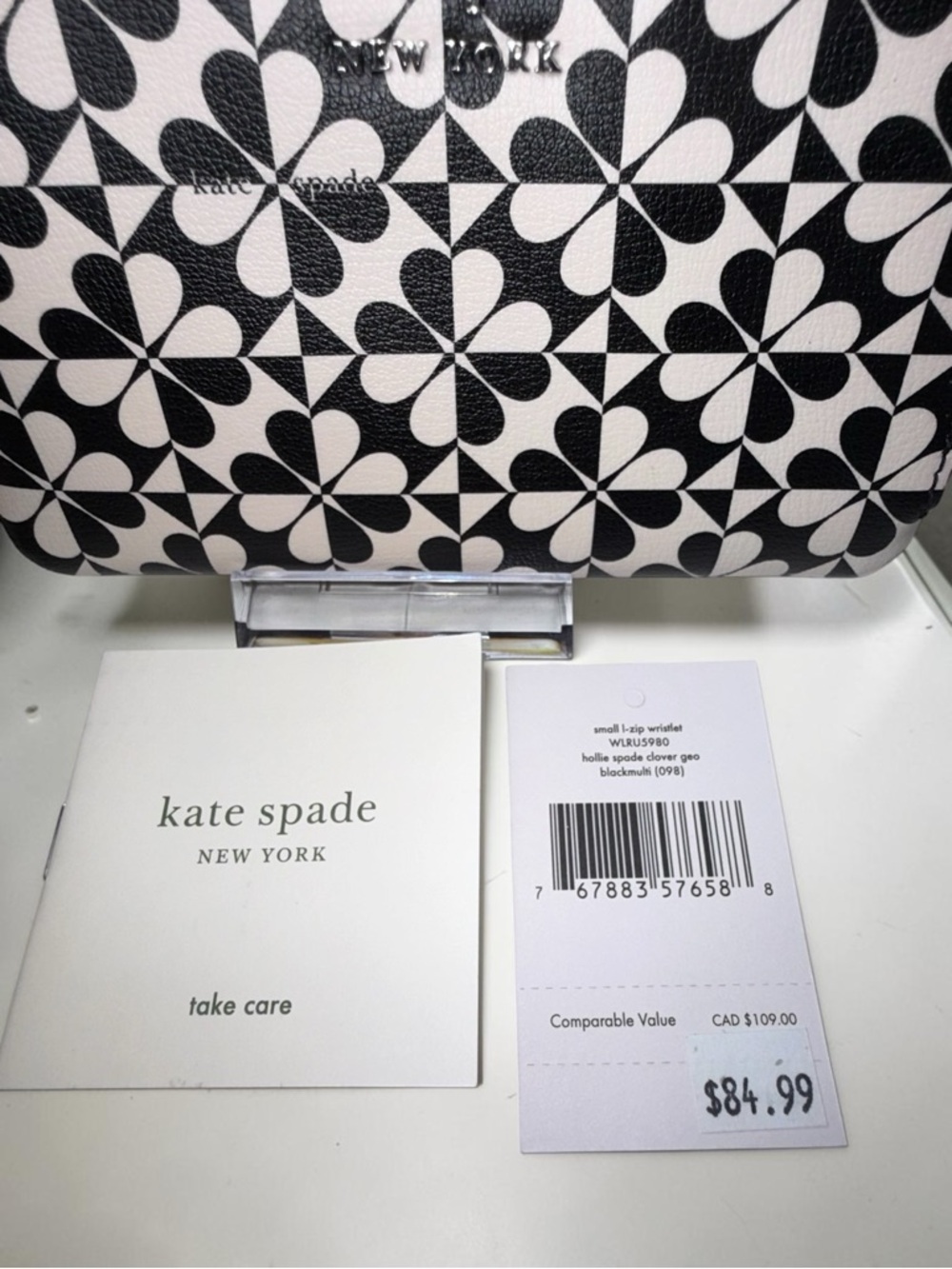 Kate Spade ♠️ Hollie Spade Clover Geo Small L-Zip Wristlet Black White NWT - Picture 9 of 10